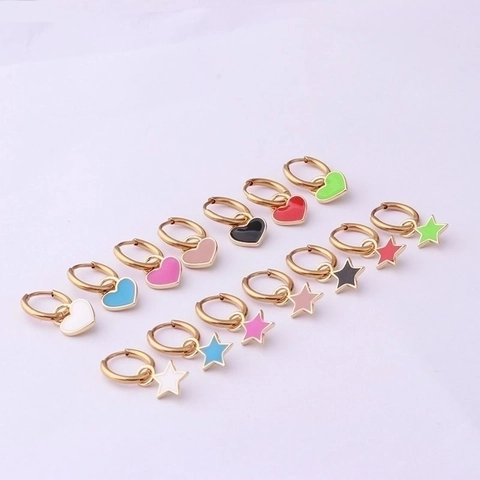 Hoop Earrings With Heart Star Pendant Stainless Steel Copper Enamel Candy Color Fashion Piercing Jewelry For Women