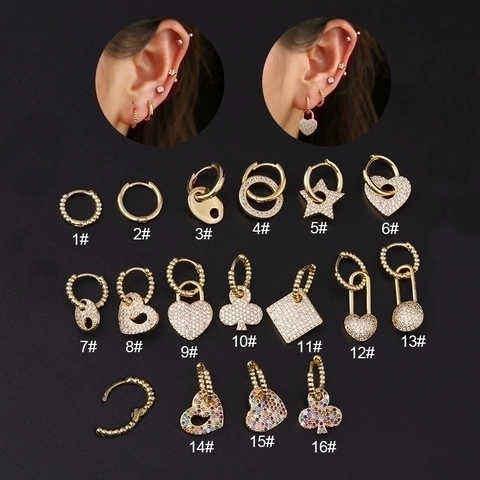 Golden Hoop Earrings Heart Star Clover Shapes Micro Pave Multi Color Zircon Jewelry Gold Plated Copper Mini Huggie