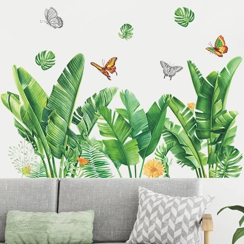 Tropical Monstera Leaves Wall Stickers PVC Self Adhesive Banana Leaf Butterfly Floral Decals For Bedroom Living Room Decor