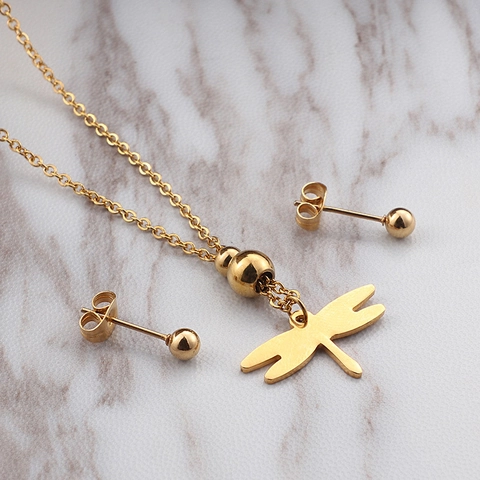 Collana Con Ciondolo A Libellula E Orecchini A Lobo Con Sfera Rotonda Placcato Oro 18K Acciaio Inossidabile Minimalista Creativo Per Donne