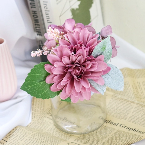 Artificial Dahlia Hydrangea Flowers Bouquet Satin Handmade Lifelike Plant For Home Wedding Party Decor Vintage Pink Purple