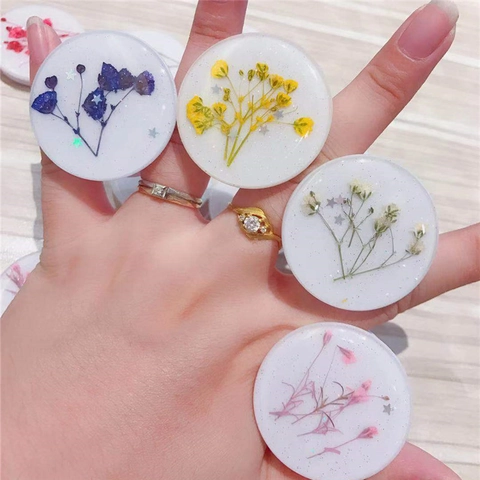 Round Resin Phone Grip Holder With Real Dried Flowers And Glitter Sparkle Foldable Universal Airbag Expanding Stand