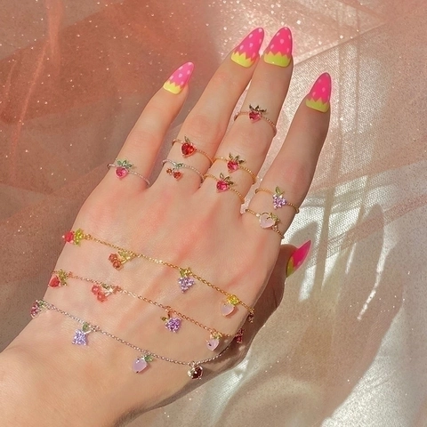 Western Style Copper Zirconia Fruit Rings Colorful Cherry Peach Strawberry Pineapple Gold Open Finger Rings Fashion Jewelry Women