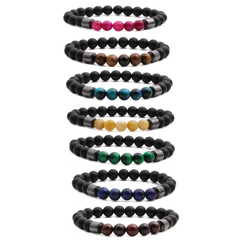Bracciale Di Perline Pietra Occhio Di Tigre Agata Nera Opaca Distanziatore In Rame Fatto A Mano Elastico Gioielli Unisex