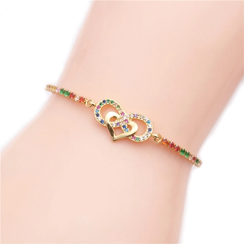 Pulsera Corazón Infinito Cobre Micro Incrustado Circón Multicolor Ajustable Joyería Moda Mujeres Arcoíris Elegante