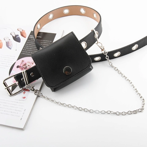 Cinturón de Cuero PU Estilo Punk Con Mini Bolso Desmontable y Cadena de Metal Cinturón de Moda para Mujer Streetwear
