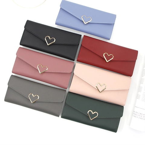 Damen Geldbörse Lang Kurz PU Leder Herz Schnalle Dreifach Faltbar Große Kapazität Kartenhalter Clutch Elegant
