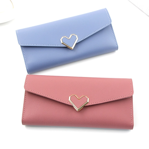 Damen Geldbörse Lang Kurz PU Leder Herz Schnalle Dreifach Faltbar Große Kapazität Kartenhalter Clutch Elegant