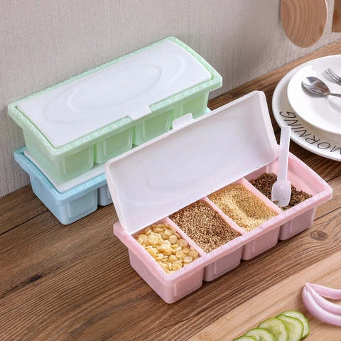 Scatola per Condimenti da Cucina in Plastica Multifunzionale a 4 Griglie Contenitore per Spezie Diviso Con Cucchiai e Coperchi