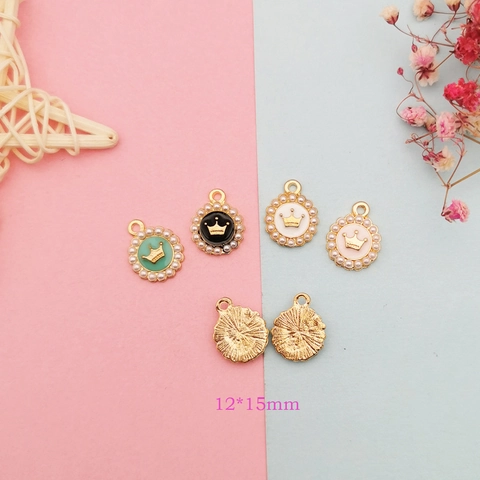 Legierung Krone Künstliche Perle Anhänger Emaille Tropfend Öl Rund Charm Für DIY Schmuck Ohrring Armband Herstellung Damen