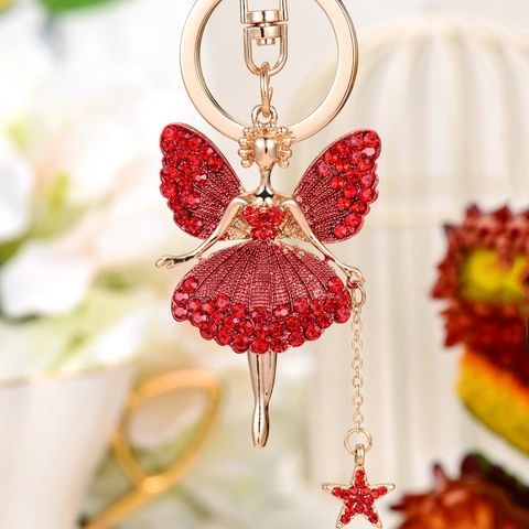 Sparkling Metal Alloy Rhinestone Fairy Angel Keychain With Star Pendant Elegant Crystal Ballet Girl Bag Charm For Women Girls Car Key Ring Gift
