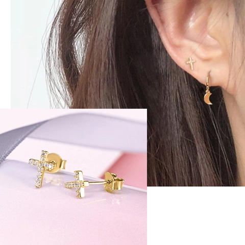 Orecchini A Lobo A Croce Argento Sterling 925 Con Zirconia AAAAA Gioielli Eleganti Geometrici Per Donne