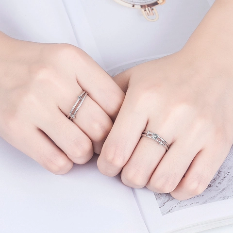Double Layered Couple Rings For Lovers White Copper Plated With Round Brilliant Zircon Open Band Jewelry
