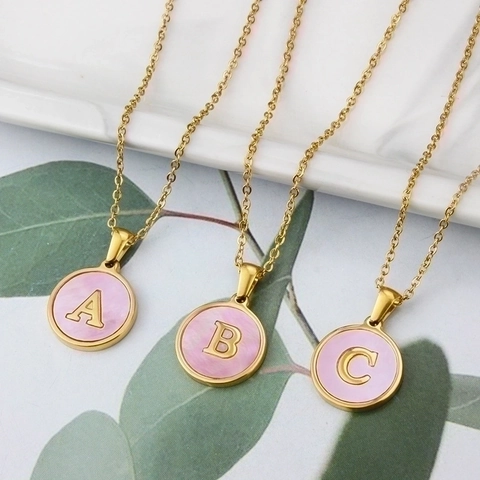 Round Initial Necklace Stainless Steel Pink Mother Of Artificial Pearl Shell Letter Pendant Gold Plated Fashion Jewelry For Women