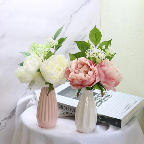 Artificial Peony Flowers Bouquet Satin Realistic Handheld Wedding Flowers Home Living Room Decor Photography Props Retro