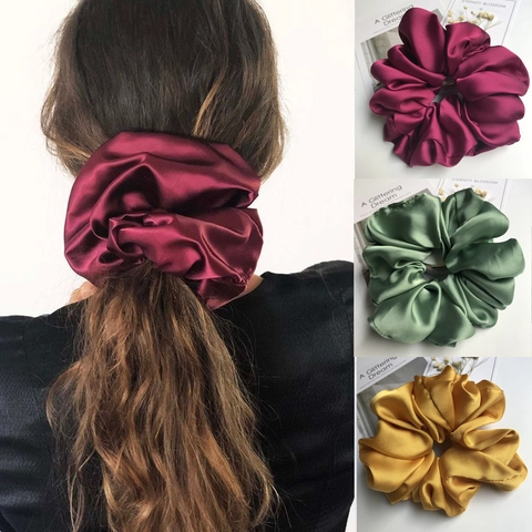Oversized Satin Scrunchies Satin Elastic Hair Ties Solid Color Pleated Ponytail Holders Hair Accessories Women Girls