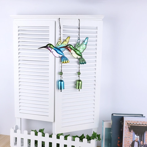 Hummingbird Dragonfly Wind Chimes Metal Glass Hand Painted Hanging Decor Outdoor Garden Bell Aluminum Tube Ornament
