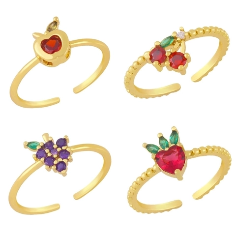 Fruit Shape Adjustable Open Ring 18K Gold Plated Copper Colorful Zircon Cute INS Style Trendy Jewelry For Women Girls
