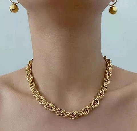 Chunky Rope Chain Necklace 316L Stainless Steel Gold Plated Hip Hop Minimalist Vintage Style Jewelry For Women