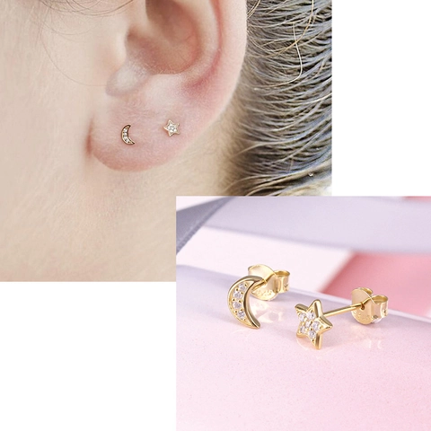 Asymmetric 925 Sterling Silver Star Moon Stud Earrings For Women Clear Rhinestone Inlaid Minimalist Dainty Jewelry Gold Silver
