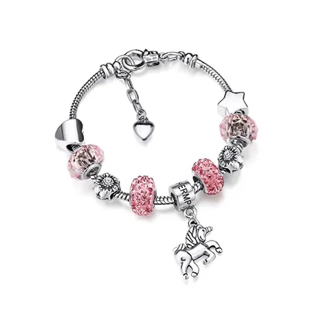 Unicorn Charm Bracelet DIY Colorful Crystal Glass Beads Alloy Copper Snake Chain Heart Star Pendant Jewelry Gift Girls