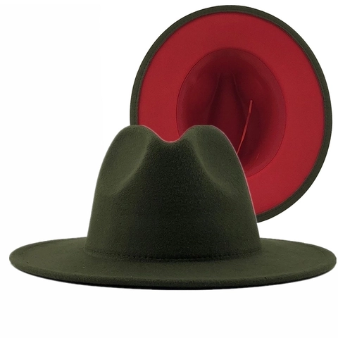 Contrast Color Wool Felt Fedora Hat Wide Flat Brim Jazz Cap For Men Women Adjustable Fashionable