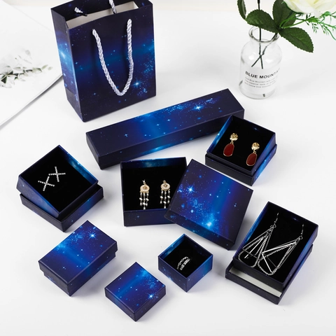 Portagioie Cielo Stellato Blu Scuro Stampa Galassia Scatola di Cartone per Anello Orecchino Collana Bracciale Confezione Regalo