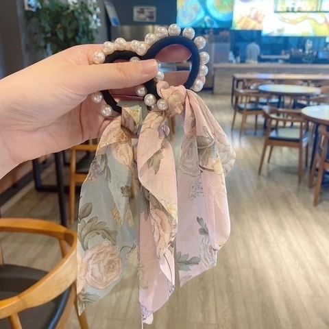 Französische Retro Blumenband Haargummis Mit Künstlichen Künstliche Perlen Elegante Chiffon Haarbänder Für Damen Mädchen