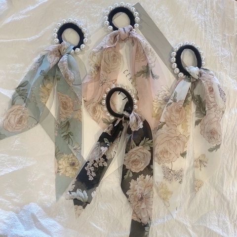 Französische Retro Blumenband Haargummis Mit Künstlichen Künstliche Perlen Elegante Chiffon Haarbänder Für Damen Mädchen