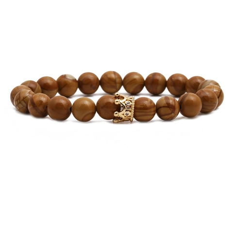Kroon Kraal Armband Koperlegering Natuurlijke Matte Houtnerf Steen Elastische Sieraden Voor Mannen Vrouwen Mode Cadeau