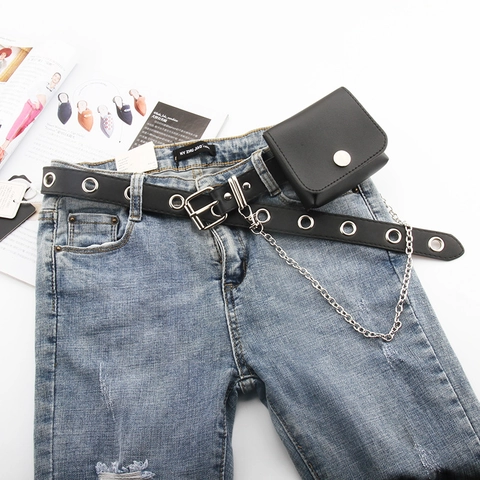Cinturón de Cuero PU Estilo Punk Con Mini Bolso Desmontable y Cadena de Metal Cinturón de Moda para Mujer Streetwear