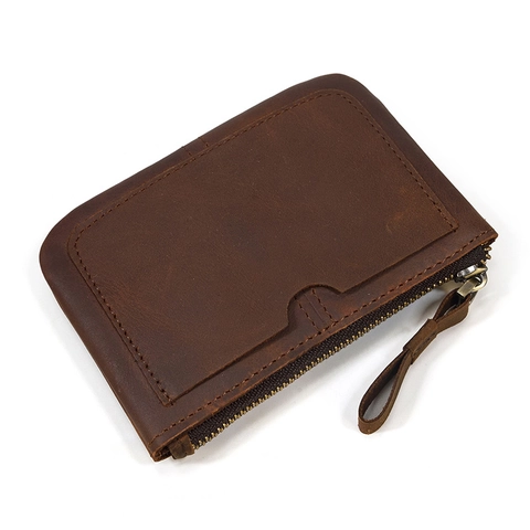 Vintage Crazy Horse Genuine Cowhide Leather Coin Purse Zipper Wallet Minimalist Card Holder Pouch For Men And Women
