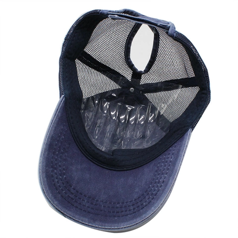 Damen Pferdeschwanz Baseballkappe Gewaschene Baumwolle Distressed Mesh Trucker Hat Atmungsaktiv Verstellbar Sonnenschutz