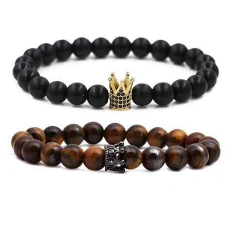 Bracciale Di Perline In Occhio Di Tigre Pietra Nera Opaca Ciondolo Corona Di Rame Gioielli Fatti A Mano Unisex