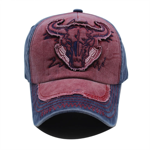 Vintage Washed Cotton Baseball Cap Bull Skull Embroidery Distressed Retro Outdoor Sun Hat Adjustable For Men Women