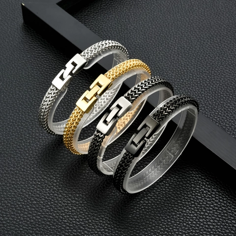 Men Woven Chain Bracelet 304 Stainless Steel Keel Link Punk Hip Hop Industrial Style Jewelry For Daily Wear