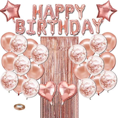 Buon Compleanno Palloncini In Foil E Lattice Con Tende In Frange Metalliche E Palloncini Con Coriandoli
