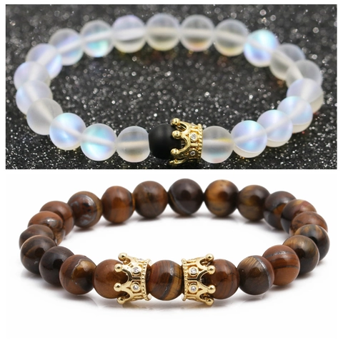 Crown Charm Natural Stone Beaded Bracelet Copper Micro Pave Zirconia Healing Energy Jewelry For Couples And Lovers