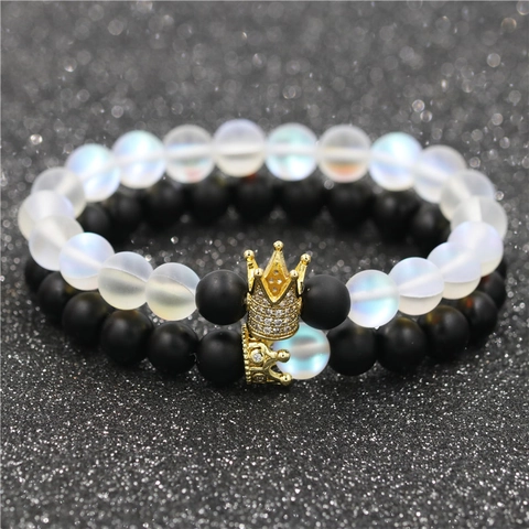 Krone Paar Perlenarmband Set Naturstein Kupfer Zirkonia Mondstein Agat Lavastein Armbänder Für Herren Damen Schmuck Geschenk