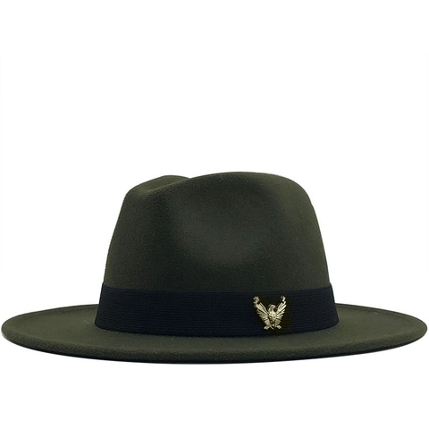 Fedora Hat Cashmere Wide Flat Brim Retro Gold Eagle Badge Decorative Ribbon Band Unisex Jazz Cap British Style Church Travel
