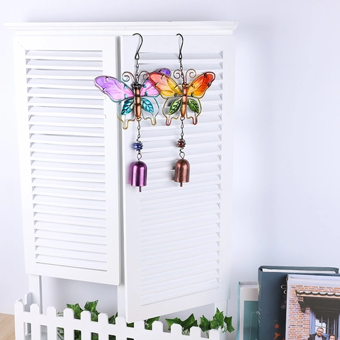 Vlinder Windgong Metaal Handgeschilderd Glas Hangend Ornament Voor Tuin Terras Huis Decoratie Met Bellen Buizen