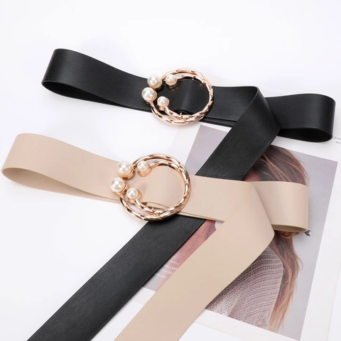 Women Wide Waist Belt PU Leather Gold Double Ring Buckle Artificial Pearl Decoration Fashion Corset For Dresses Coats