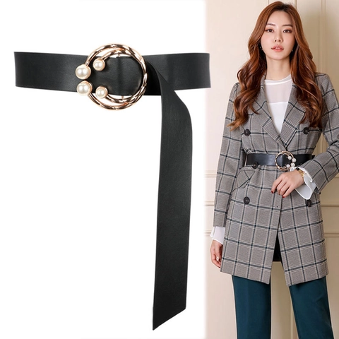 Women Wide Waist Belt PU Leather Gold Double Ring Buckle Artificial Pearl Decoration Fashion Corset For Dresses Coats