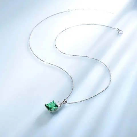 Elegant 925 Sterling Silver Pendant Necklace With Square Synthetic Emerald And Rhinestone Geometric Women Party Jewelry