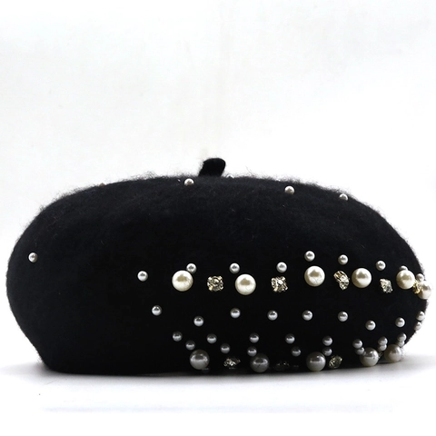 Boina de Punto de Lana Estilo Británico Elegante para Mujer Con Perlas Artificiales y Diamantes de Imitación Gorro de Pintor Cálido Color Sólido