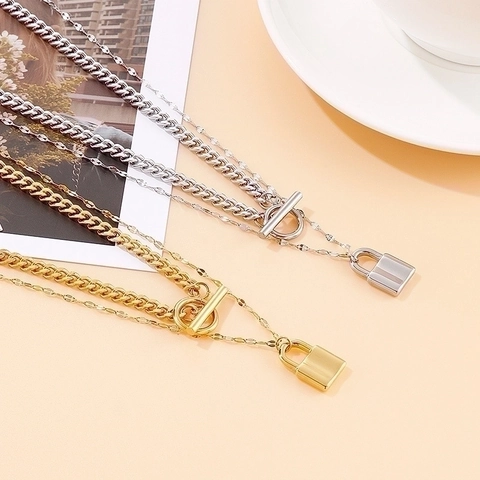 Layered Stainless Steel Padlock Pendant Necklace With Curb Chain And Toggle Clasp Punk Fashion For Women Men