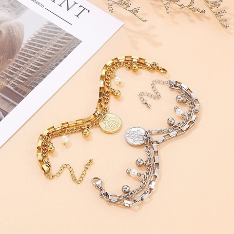 Dubbellaagse Ketting Armband Roestvrij Staal Hamsa Hand Munt Hanger Imitatie Kunstparel Kralen Verstelbare Trendy Sieraden Voor Dames