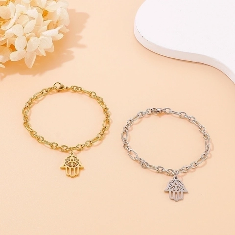 Hamsa Hand Bracelet Stainless Steel Hollow Fatima Hand Charm Figaro Link Chain Gold Plated Jewelry For Women