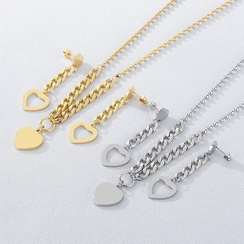 Stainless Steel Heart Pendant Necklace And Hollow Heart Drop Earrings Bead And Cuban Link Chain For Women