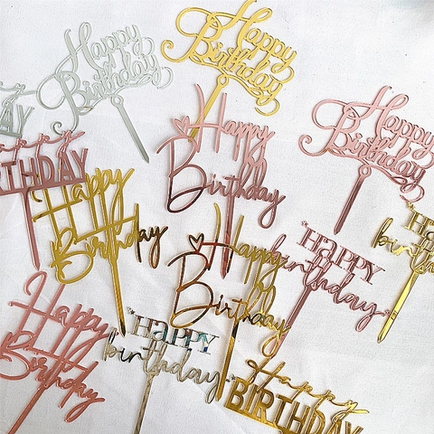 Happy Birthday Cake Topper Mirror Acrylic Heart Star Design Birthday Party Baking Decoration Accessory Elegant Dessert Sign